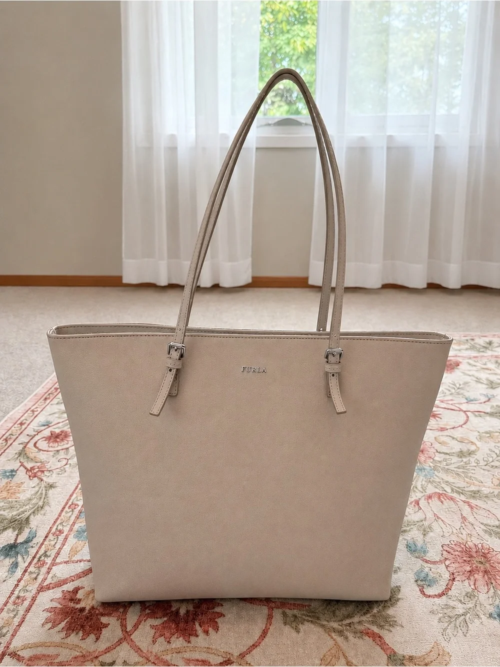 Furla Light Beige Leather Tote with Slim Shoulder Straps
